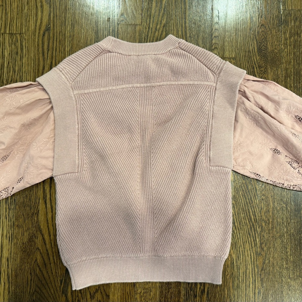 ba&sh Samoa Pink Embroidered Knit Lace Puff Sleeve Sweater Blouse Top Sz 2 US 6 - Picture 6 of 10